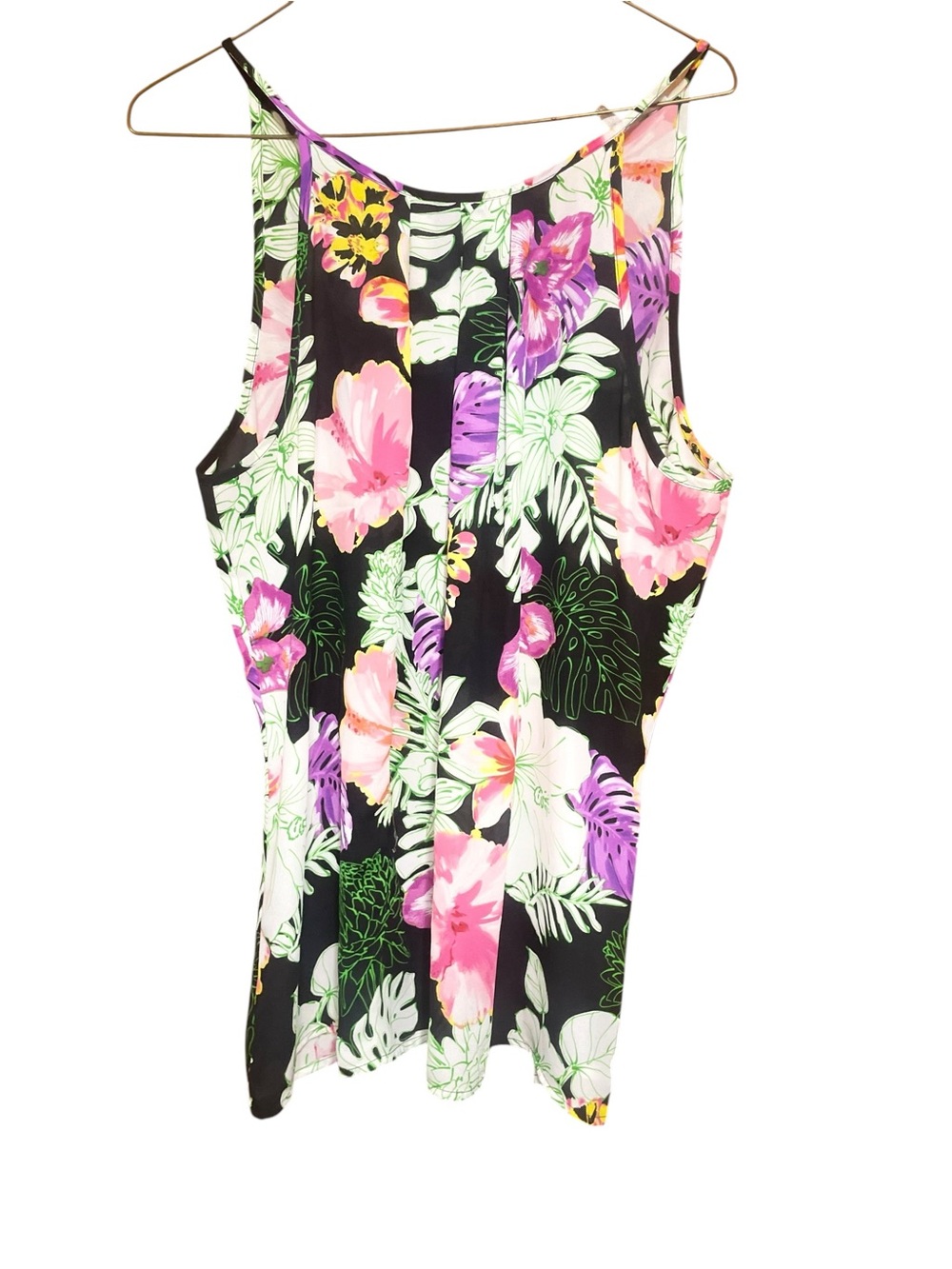 Violet & Claire Black Floral Racerback Tank with Pink and Purple Blooms